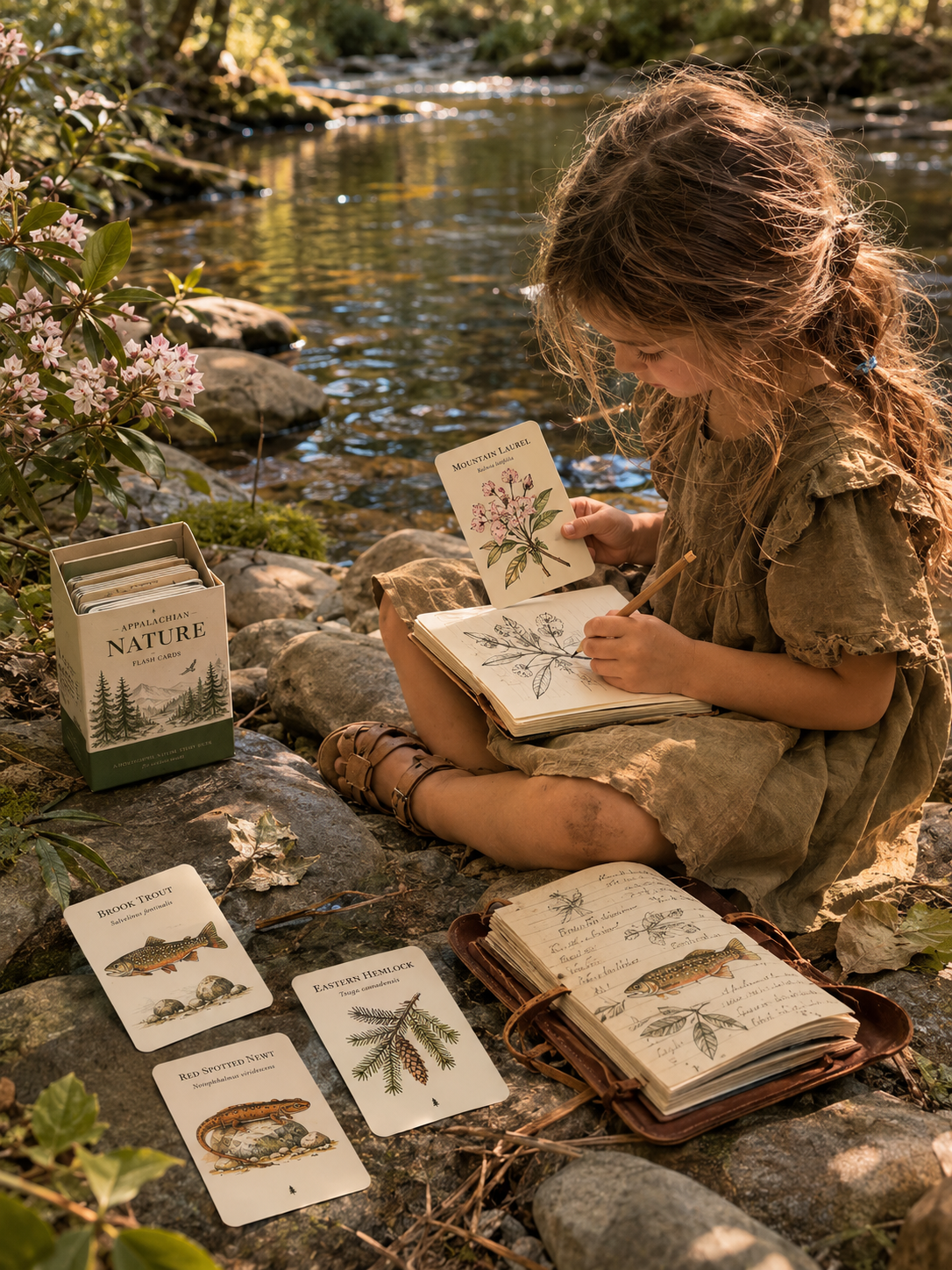 A child sketching mountain laurel from the field deck into her nature journal beside an Appalachian creek, with the Appalachian Nature deck box and several cards arranged on the mossy stones beside her.